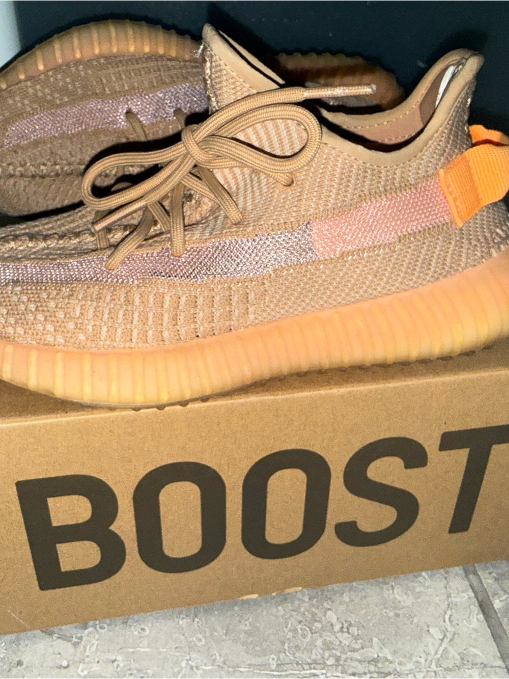 Yeezy Tan Knit Sneakers with Orange Accent